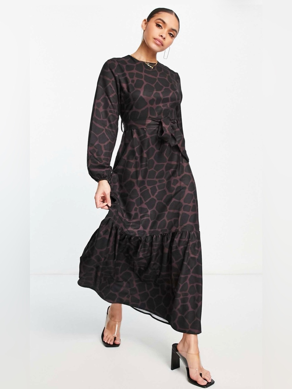 Women's Long Sleeve Black & burgundy Patterned Tie-Waist Maxi Dress